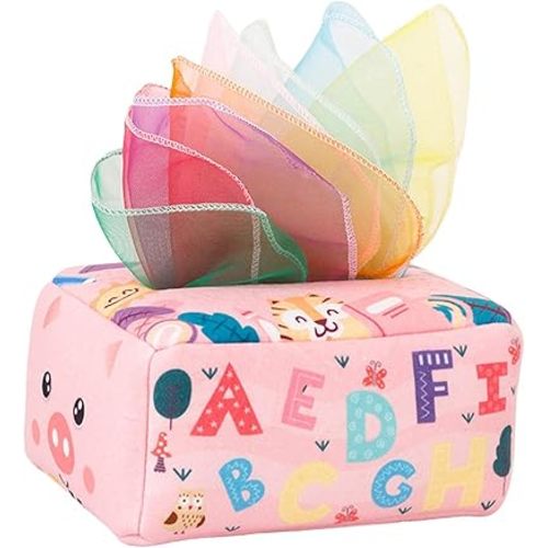 Infant Tissue Box with 10 Colorful Scarves Soft High Contrast Baby Toys Sensory Toys for 6-12 Months, Pig