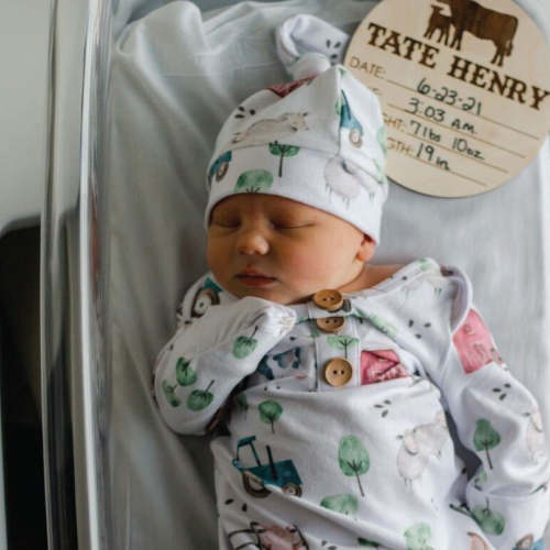 Frankie's Farm Party Newborn Baby Knot Gown & Hat Set