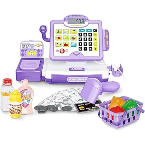 FS Pretend Play Cash Register Toy Preschool Gift for Kids, Classic Count Toy with Sound, Microphone, Scanner, Credit Card, Play Food for Boys & Girls, 57 Pieces Play Set, Ages 3 4 5 6 7, Purple