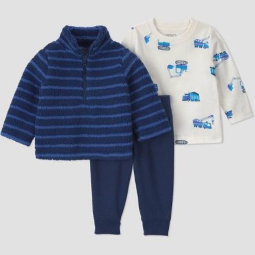 Carter's Just One You® Baby Boys' 3pc Striped Quarter Zip Construction Long Sleeve and Joggers Set - Navy Blue Newborn