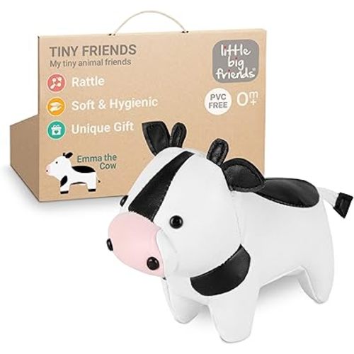 Little Big Friends Tiny Friends | Soft Baby Rattle Toy | Special Stuffed Animal | Easy to Clean | Ideal for Strollers, Car Seats, Diaper Bags | Emma The Cow