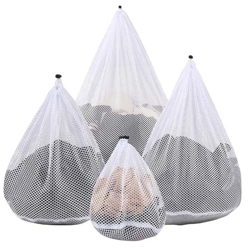 4Pcs Mesh Laundry Bags Washing Machine Mesh Wash Bags for Clothes,Underwear,Lingerie, Bed Linen with Drawstring Closure Sturdy(4 Size)