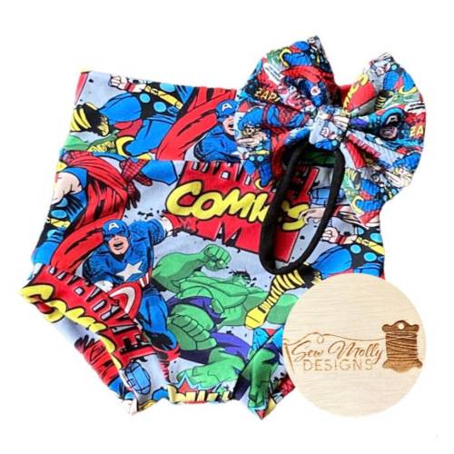 Baby toddler comic superhero collage high waisted bummies - 0/3mo-4/5