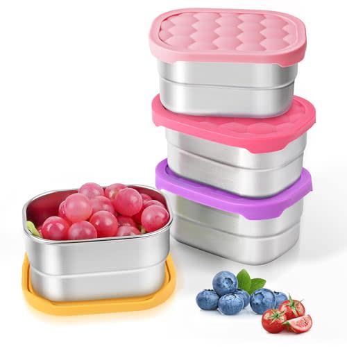 4Pack Small (1 CUP) 8oz Stainless Steel Snack Containers for Kids | Reusable Easy Open Toddler Snack Containers with Silicone Lids | Stackable Toddler Lunch Box for Daycare, School and Travel