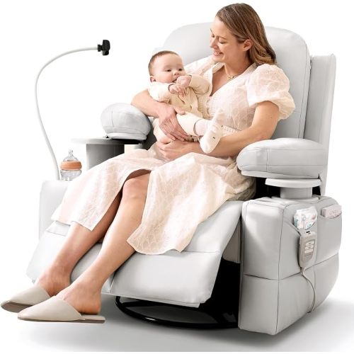 MAMAZING Lullapod Power Nursery Rocking Chair with HugAssist Armrest | Triple Motor Power Nursing Recliner with 270° Swivel Glider & Quiet Rocking, Dual Charging Ports & Built-In Storage
