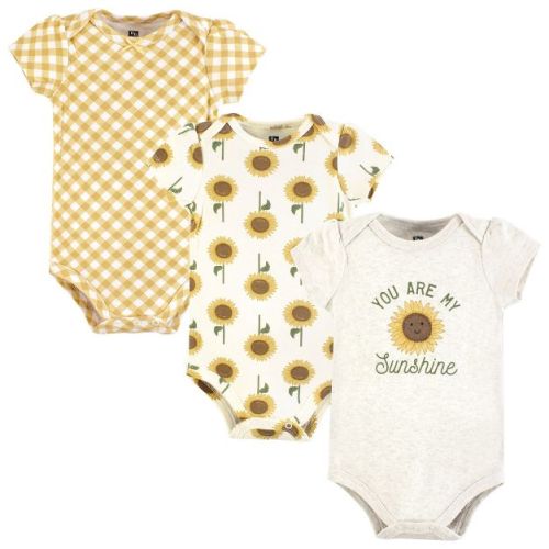 Hudson Baby Infant Girls Cotton Bodysuits 3-Pack, Sunshine Sunflower, 3-6 Months