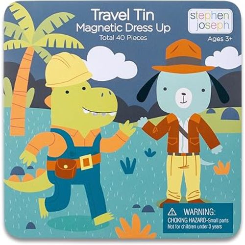 Stephen Joseph, Magnetic Dress Up Dolls 40 PC Play Set – Screen-Free Pretend Play Magnetic Case, Ideal for Ages 3+ – Travel Game for Kids, Magnetic On The Go Activity Set, Dino and Dog