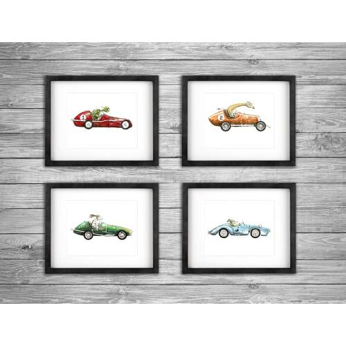 Set of 4 - Vintage Race Car with Animals Driving Watercolor Artwork; Baby Decor