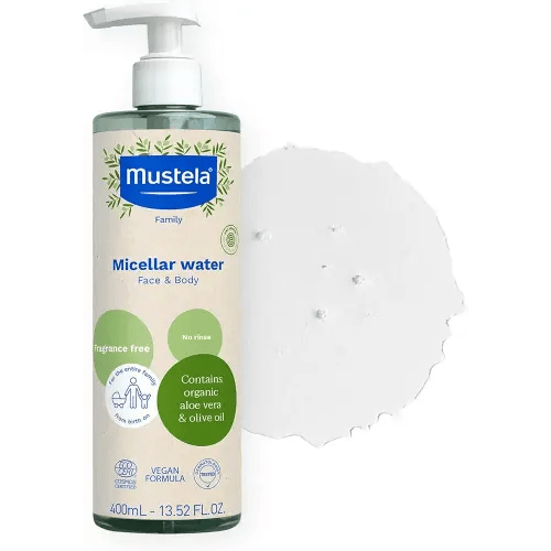 Mustela Certified Organic Micellar Cleansing Water -No-Rinse Natural Water Cleanser w/Olive Oil & Aloe Vera - For Baby, Kid & Adult - Fragrance Free, EWG Verified & Vegan -13.5 oz-Packaging may vary