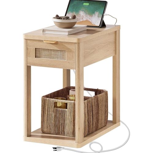 LEYAOYAO Narrow Side Table with Charging Station, 24'' Rattan Night Stand with Drawer Storage, Brown Bedside End Table with Metel Handle for Small Spaces, Wood Boho Nightstand for Living Room Bedroom