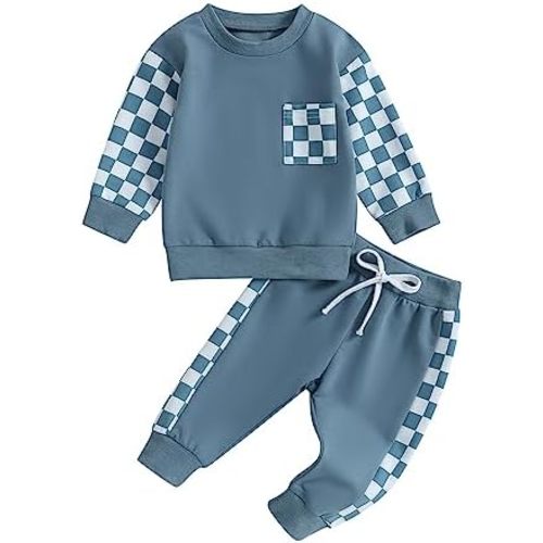 Toddler Baby Boy Fall Outfit Checkerboard Patchwork Long Sleeve Sweatshirts Elastic Waist Pants Cute Newborn Clothes Set