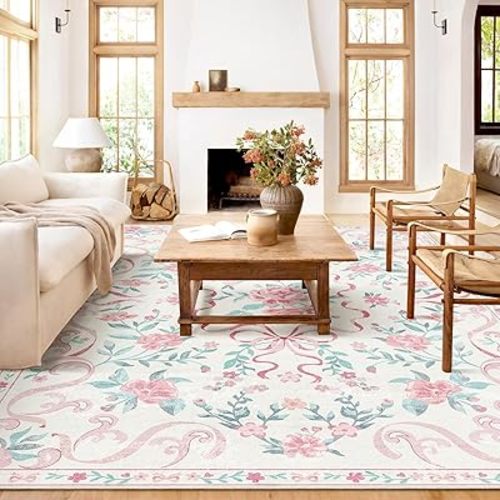 Pink Rug Bow Floral 8x10 Rug, Washable Area Rugs for Bedroom Living Room, Dining Room,Kids Room, Office,Playroom, Boho Modern Aesthetic Farmhouse Decor Non Slip Low Pile Carpet