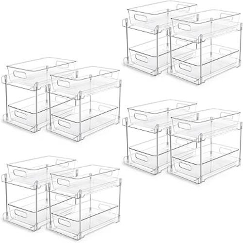 Vtopmart 8 Pack Bathroom Organizer, 2 Tier Clear Under Sink Organizers Vanity Countertop Storage Container,Cabinet Drawers Bins, Pull-Out Organization with Track for Pantry, Kitchen
