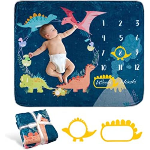 Whaline Baby Monthly Milestone Dinosaur Theme Blanket - Newborn Photography Prop, Flannel Nap Mat Backdrop With 2 Frames, Cartoon Growth Photo Mat for Girl Boy Shower Gift, 50 x 40