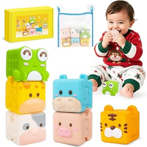Animal Soft Baby Blocks,Silicone Squeeze Building Blocks Stacking Toys for Babies,Early Learning Touch Bath Educational Toys with Numbers Animals Fruits Texture