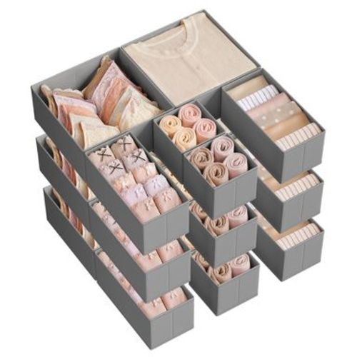 Set of 18 Drawer Organizers, 3-Size Foldable Fabric Storage Boxes for Socks Underwear Accessories, Dresser Divider Inserts, Dove Gray