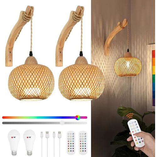 Frideko Boho Rechargeable Battery Operated Wall Sconces Set of Two with Remote, RGB 15 Colors Dimmable Wireless Wall Light, Bamboo Indoor Wall Lamp with 3 Timer, Rattan Wall Lighting for Bedroom