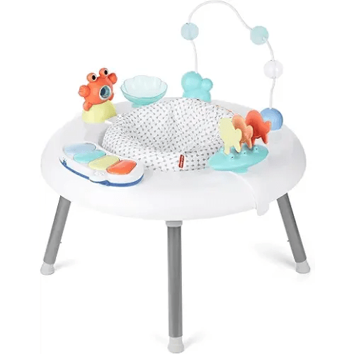 Skip Hop 2-in-1 Baby Activity Center with 20+ Developmental Activities Light-up Musical Piano for Tummy Time Play 4 Clip-on & Moveable Toys and 360-degree Rotating Seat Seascape Age 4m+
