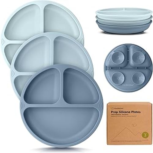 KeaBabies Suction Plates for Baby, Toddler - 3-Pack 100% Silicone Toddler Plates with Suction, Divided, BPA-Free Baby Led Weaning Essentials for Kids, Dishwasher, Microwave Safe, Durable (Alps)