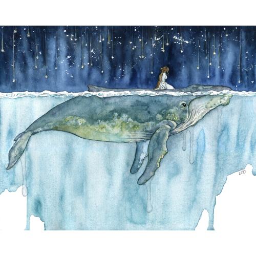 Whale Rider Print - Watercolor Painting of Girl on Whale's Back, Customizable Print, Celestial Whale Print, Nursery Art