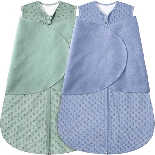 Fleece Newborn Sleep Sack Baby Swaddle,3-Way Adjustable Wearable Blanket,2 Pack Fleece Swaddling Sleeping Bag TOG 2.0， (Blue&Green, 3-6 Months)