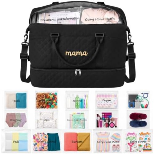 Hosuly Mama Hospital Bag Essentials for Women Labor Delivery with 15 Waterproof Pouch Travel Duffle Bag with Shoe Compartment for Pregnancy Diaper Weekender Overnight Gym Gifts (Black)