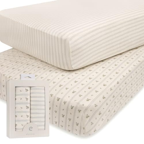 Ely's & Co. Crib Sheets, Baby Boy Fitted Crib Mattress Sheet Set, 2 Pack, 100% Jersey Knit Cotton, Infant and Toddler Nursery Bedding, 28” x 52” Blue Linear Berry Leaf Collection