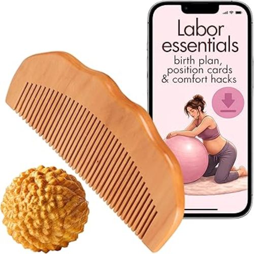 Labor Comb & Massage Ball Set | Plus Digital Birth Prep Essentials Guide and Birth Plan | Must Have Kit Ball and Birthing Comb for Labor Pain | Maternity Hospital Bag Essentials Gift for Pregnant Moms