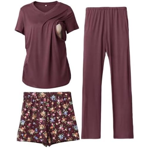 Rnxrbb 3 Piece Maternity Nursing Pajamas Set for Women Postpartum Pjs