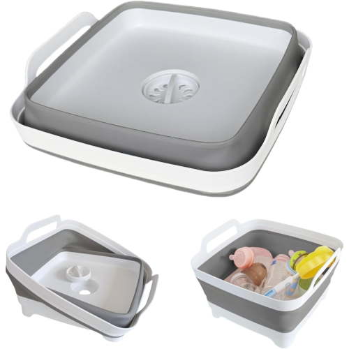 PLERISE Collapsible Wash Basin with Drain Plug – 2.4 Gallon Foldable Kitchen Sink Tub, Space-Saving Dish Pan for Baby Bottles, RV Camping & Travel (Gray)