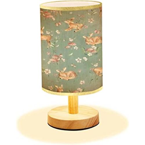 Minimalist Bedside Table Lamp Baby Deer Watercolor Seamless Fawn Woodland Forest Animals for Nursery Wood Nightstand Desk Base Flaxen Fabric Shade Bedroom Living Room, 5.5x11inch