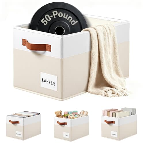 4 Pack Large Closet Storage Baskets for Shelves - 14x10 Heavy Duty Closet Shelf Organizer Bins with Handles & Labels - Decorative Collapsible Baskets for Organizing Living Room Bedroom Nursery Dorm