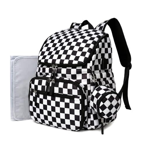 FHELAD Checkered Diaper Bag Backpack with Changing Pad & Stroller Clips | Baby Diaper Bag, Baby Shower Gifts, 4 Insulated Bottle Holders, Wet Wipe Pocket, Luggage Strap