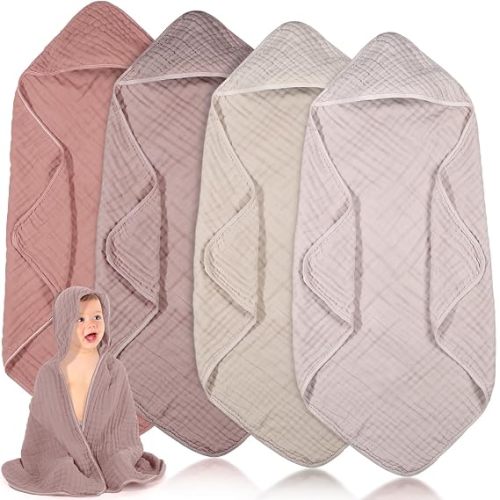 Peryiter 4 Pcs Hooded Baby Towels 32 x 32 Inch Cotton Muslin Baby Bath Towel for Newborn, Toddler, Infant, Kids Essentials Must Haves Soft Absorbent Registry for Girl Boy (Beige Series)