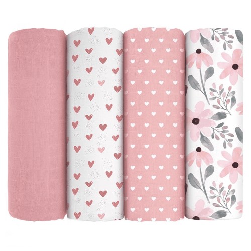 Yoofoss Baby Muslin Swaddle Blankets 4-Pack for Newborn Infant Girls Boys, Baby Blankets 47 X 47", Pink Flower