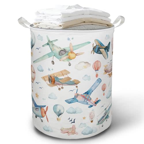 Baby Airplanes Laundry Basket Hamper, Space Kids Nursery Decor, Hot Air Balloon Foldable Clothes Toys Books Storage Box Bins Baskets Organizer for Kids Boys Bedroom Playroom Bathroom