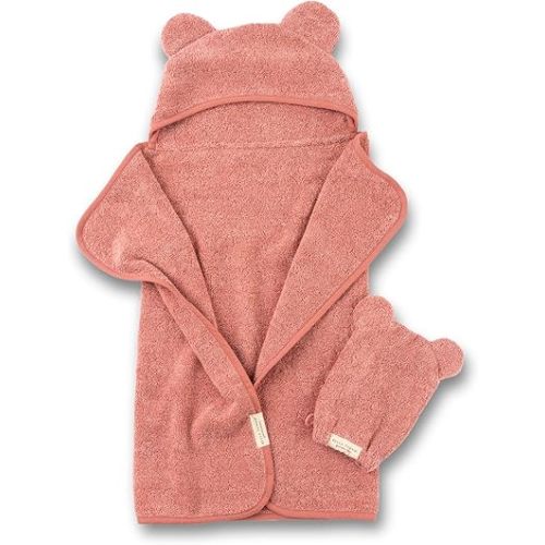 Bella Tunno Baby Bath Towel and Wash Mitt Set – Soft Absorbent Hooded Towels and Mitt-Style Baby Washcloths, Oeko-TEX Certified (Watermelon)