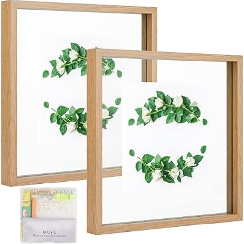MUYE 10x10 Floating Frame Set of 2,Double Glass Square Photo Frame,Display Any Size Photo up to 10x10,Wall Mount or Tabletop Standing,Natural
