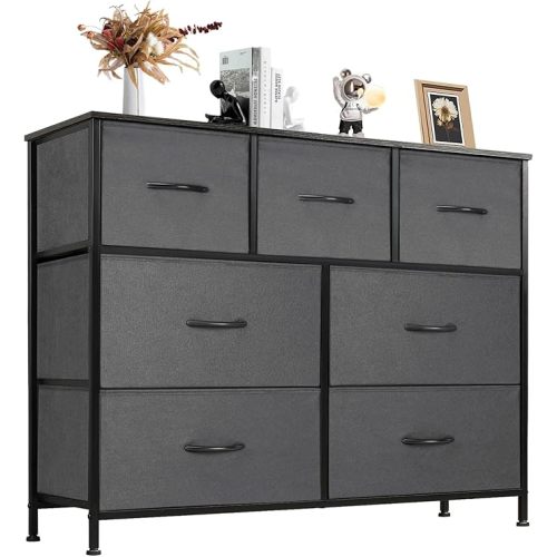 DUMOS Dresser for Bedroom with 7 Fabric Drawers, Chest Organizer Units for Clothing, Closet, Bedroom, Storage Tower with Cabinet, Metal Frame, Wooden Top, Lightweight Nursery Furniture, Grey
