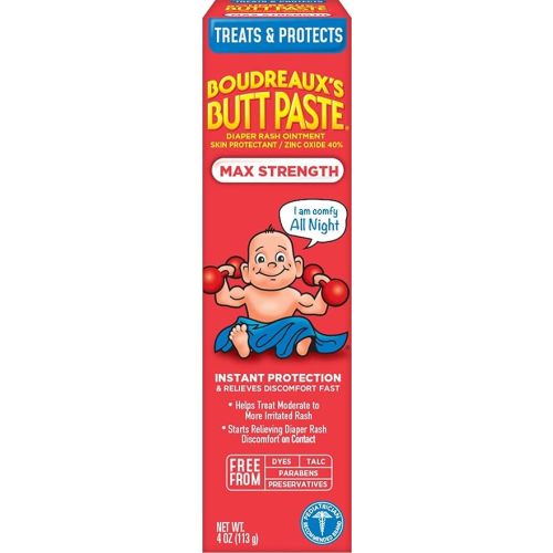 Boudreaux’s Butt Paste Max Strength Diaper Rash Cream for Baby, Ointment With Zinc Oxide, 4 oz Tube