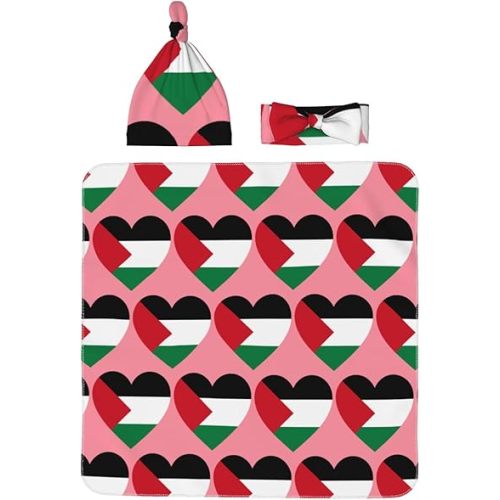 Love Palestine Flag Newborn Baby Swaddle Blankets Beanie Hat Headband Sets,Swaddle Sack