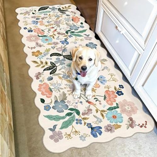 Hallway 2x5 Washable Runner Rug: Stain Resistant Floral Scalloped Rug for Kitchen Entryway Farmhouse Soft Carpet for Bathroom Bedroom Thin Laudry Living Room Floor Mat with Non Slip Backing(2x5,Cream)