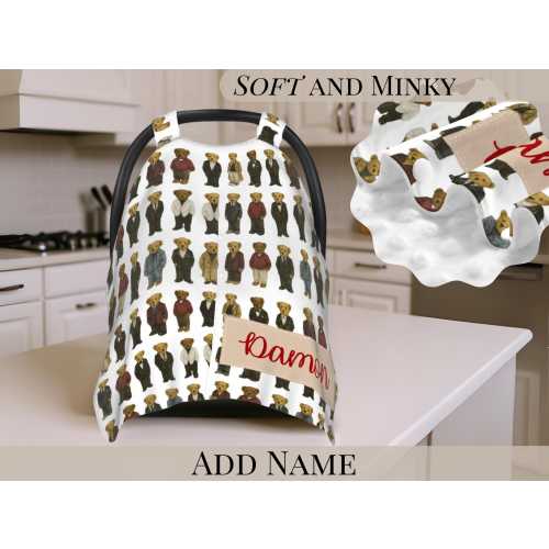 Car Seat Cover Personalized Bear in Suit Boy Baby Seat Canopy Soft Dot Blanket Custom Baby Name Boy Gift Bear Baby Shower Gift New Mom Idea