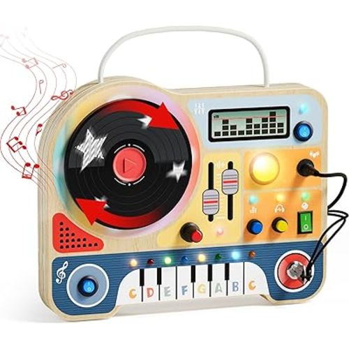 TOP BRIGHT Montessori Busy Board for Toddlers 3-5, Wooden Sensory Toys with Music and LED Lights, Portable Activity Board for Travel Educational Toys, Birthday Gift for 3 4 5 Year Old Boys & Girls