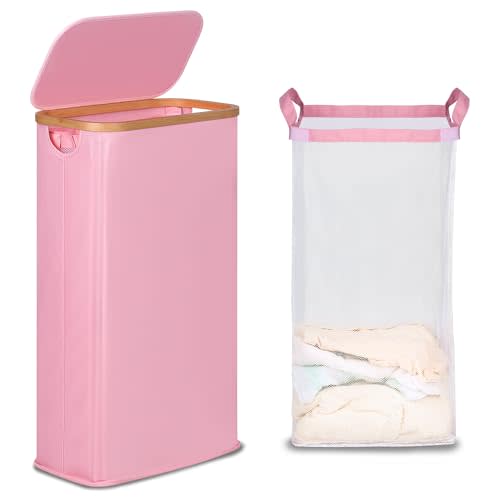 efluky Slim Laundry Basket with Lid, Narrow Laundry Hamper with Removable Bag, Skinny Dirty Clothes Basket with Bamboo Handles for Bathroom, Bedroom & Laundry Room, 63L Pink