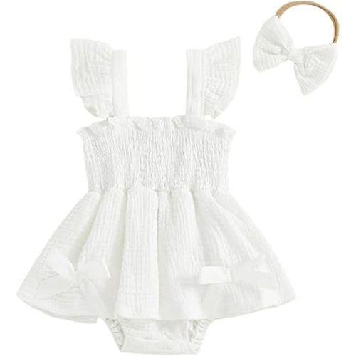 Thorn Tree Baby Girl Summer Clothes Newborn Outfit Ruffle Romper Infant Baby Dress Bow Headband Solid Cute Outfits Girls