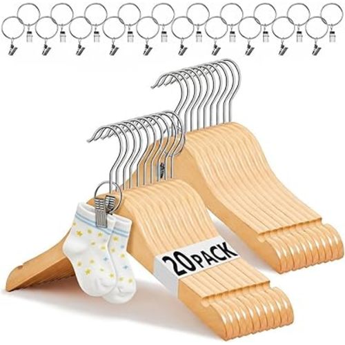 20 Pcs Wooden Kids Baby Clothes Hangers with Metal Ring Clips 12.6" Wooden Shirt Coat Hangers with Notches and Anti Rust 360 Swivel Chrome Hook for Kids Children Toddler Clothes