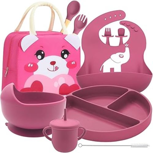 Brancivox Baby Weaning Set with Adjustable bib | baby feeding set with Sippy Cup, Suction Plate, Bowl & Self-Feeding Cutlery | Silicone Feeding essentials Dishwasher & Microwave Safe (Pink)