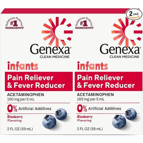 Genexa Infants' Clean Acetaminophen | Pediatrician Preferred Ingredients | Pain Reliever & Fever Reducer for Babies | Dye Free, 0% Artificial Additives | Organic Blueberry Flavor, 4 fl oz (2 Pack)