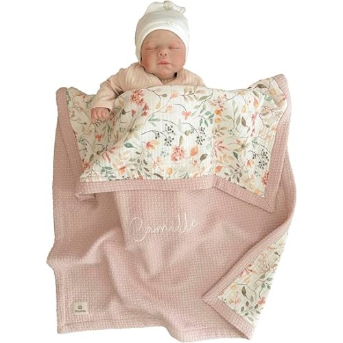 Mouliss Personalized Baby Blanket with Name – Handmade 100% Organic Cotton Newborn Gift | Custom Knit Blanket for Boys, Girls, Kids & Baby Showers (Petal Pink/Petal Whispers)
